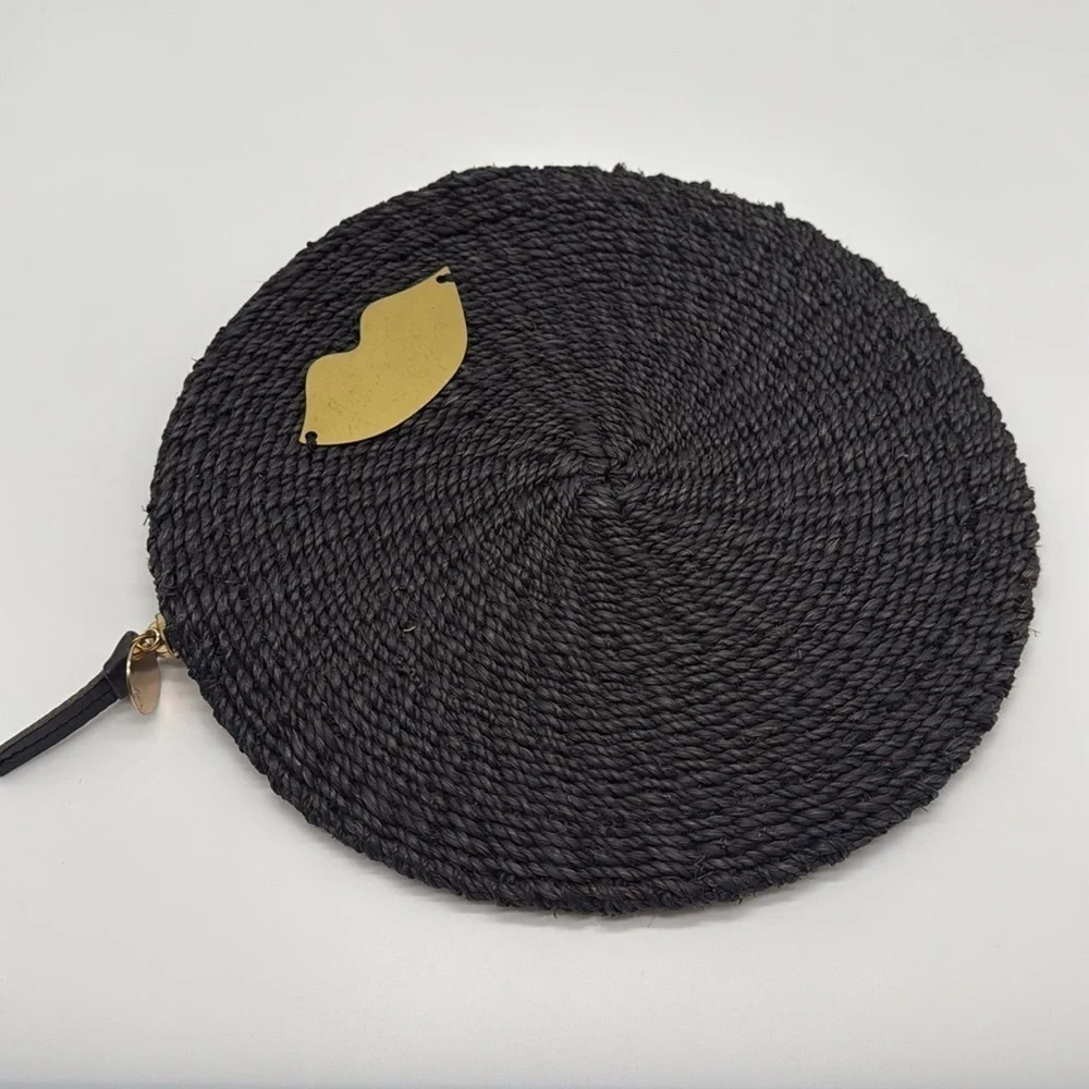 Clare V. Black Woven Raffia Circle Clutch Gold Lips Detail Summer Vacation Bag